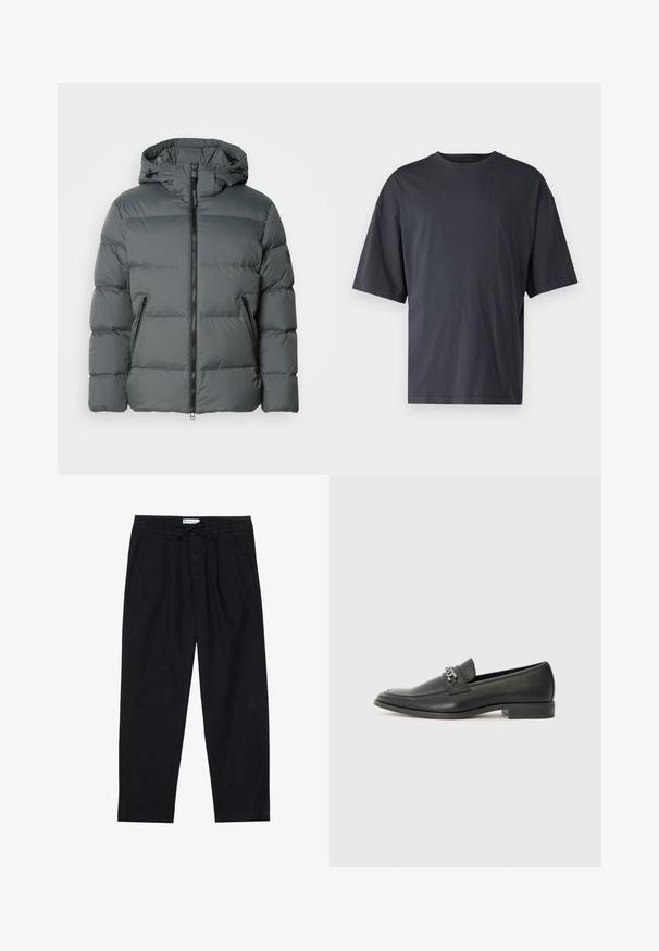 Gray puffer jacket with a hood, featuring a front zipper, elastic cuffs, a lightweight material, and horizontal stitching for insulation.; Dark gray short-sleeve t-shirt made of lightweight cotton, featuring a loose fit and classic crew neckline, with plain texture and no patterns.; Pier One Chinos - black; Black leather loafer with a smooth finish, featuring a stitched design and a decorative metal chain accent across the vamp. Flat heel.
