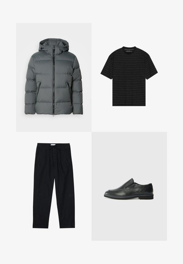 Graue Pufferjacke mit Kapuze, ausgestattet mit einem Reißverschluss auf der Front, elastischen Bündchen, einem leichten Material und horizontalen Nähten für die Isolierung.; Schwarzes Kurzarm-T-Shirt mit schmalen weißen horizontalen Streifen. Hergestellt aus weichem Stoff mit einem Rundhalsausschnitt und entspannter Passform.; Pier One Chino - black; Schwarze Leder-Slipper mit glattem Obermaterial, gesteppten Akzenten, runder Zehenpartie und niedrigem Gummiabsatz. Die Sohle hat ein minimales Profil.