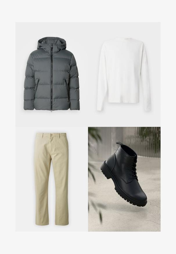 Siva puf jakna s kapuljačom, koja ima prednji zatvarač, elastične manžete, lagani materijal i horizontalno šivenje za izolaciju.; Bijela pamučna košulja dugih rukava s okruglim izrezom, bočnim prorezima pri dnu i glatkom teksturom, prikazana s leđa.; Bež pamučne hlače s ravnim nogavicama, prednjim zatvaranjem na dugme i petljama za remen. Glatka tekstura, bez vidljivih uzoraka ili naglaska.; Crne kožne čizme do gležnja s округлим prstima, čipkastim dizajnom i robusnim gumenim đonom. Glatka tekstura s trakicom na stražnjoj strani.