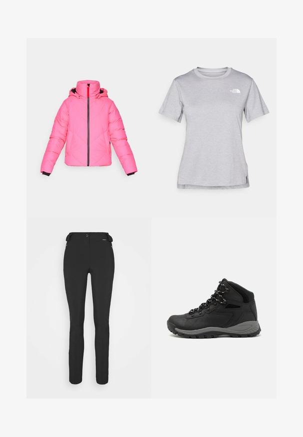 Roosa puhvjakas kapuutsiga, millel on diagonaalne tikandid, ees tõmblukk ja must äär varrukatel.; Hall juppuvarrega, pehmeast, niiskust eemaletõukavast kangast lühikeste varrukatega hall T-särk. Omab ümarat kaelust ning väikest valget logo vasakul ülal.; Mustad, hästi istuvad püksid, mis on valmistatud paindlikust materjalist. Omadusteks on lukuga küljetasku, artikeeritud põlved ja sile pind.; Mustarjaline matkasaabas, millel on keskmine disain, tekstuuriga ülemine osa, hallid aktsendid ja vastupidav kummist põhi, millel on haardelugesid.