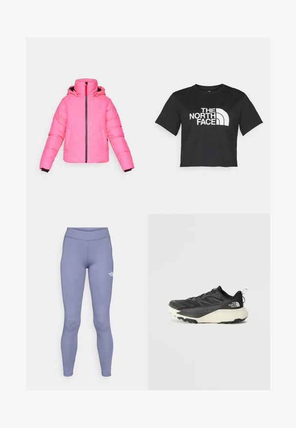 Veste matelassée rose avec capuche, présentant un motif matelassé diagonal, une fermeture éclair sur le devant et des finitions noires aux poignets.; T-shirt noir court en coton, avec un logo blanc avec des accents courbés et le texte "THE NORTH FACE" sur le devant. Manches courtes, col rond.; Leggings de sport bleus en tissu doux et extensible. Dotés d'une taille haute et d'un petit logo blanc sur la cuisse gauche.; Chaussure de sport noire avec une tige texturée, dotée d'accents gris et d'une semelle intermédiaire blanche. Comprend une languette et un logo de marque bien visible à l'arrière.