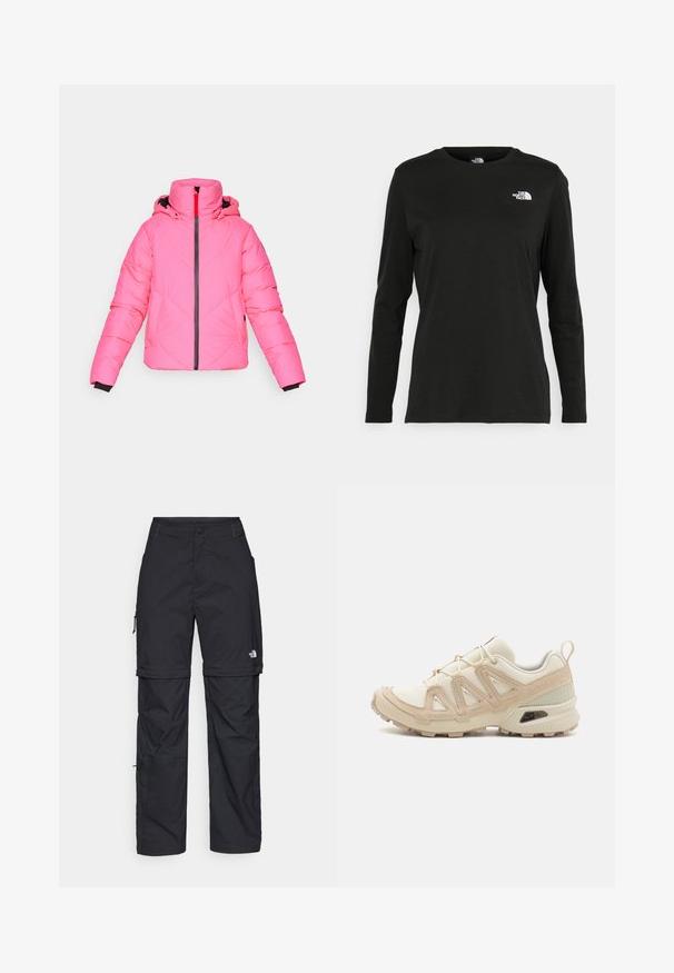 Różowa kurtka puchowa z kapturem, z diagonalnym pikowanym wzorem, z przednim zamkiem błyskawicznym i czarnym wykończeniem przy mankietach.; Czarna koszulka z długim rękawem z bawełny z okrągłym dekoltem. Posiada niewielkie białe logo po lewej stronie na piersi. Prosty design i fason.; Czarne nylonowe spodnie cargo z odpinanymi nogawkami, regulowanymi mankietami, wieloma kieszeniami oraz logo na prawej nogawce. Gładka, lekka tekstura.; Beżowe i kremowe buty sportowe z teksturowanej siateczki, wspierającymi nakładkami oraz gumową podeszwą z wzorem bieżnika zapewniającym przyczepność.