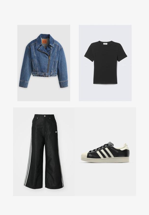 Kratinta mėlyna džinsinė striukė su užtrauktuku priekyje, dideliu apykakle, diržu su metaliniu sagtimi ir įstrižais priekiais kišenėmis. Klasikinis dizainas ir tekstūra.; Juoda trumpomis rankovėmis medvilninė marškinėliai, suapvalintu kaklu ir įprasto silueto, be matomų raštų ar akcentų.; Juodos plačios džinsinės kelnės su trimis baltais juostelėmis kiekvienoje pusėje ir mažu baltu logotipu. Yra priekiniai kišenės ir sagčių užsegimas.; Juodi odiniai sportiniai bateliai su baltais dryžiais, guminis toe kapas, juodi raišteliai ir kreminis padas. Lygus pavirčius su blizgiu finišu.