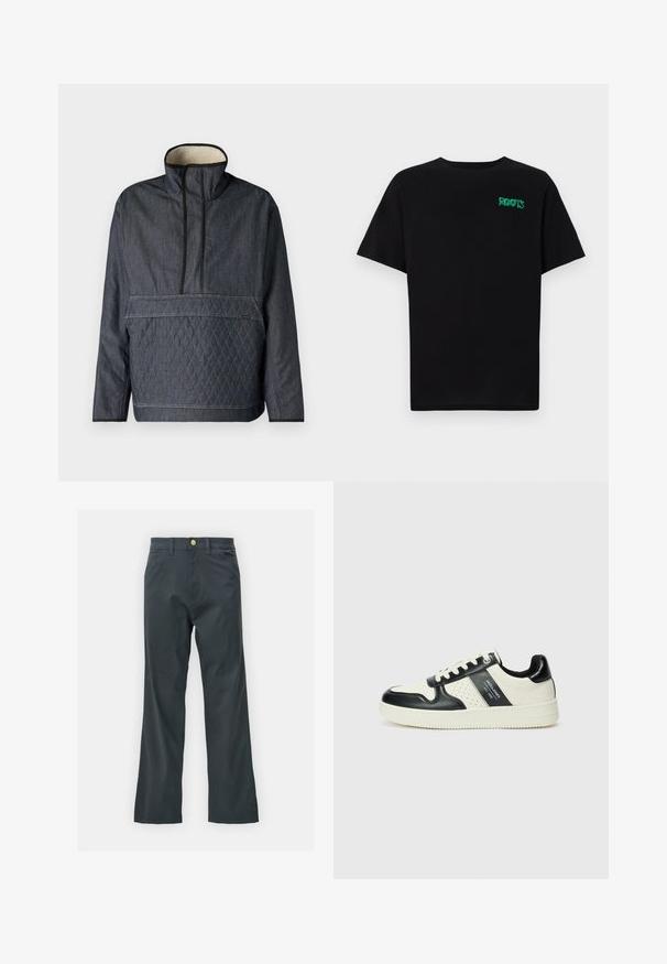 Casaco dePull-over em denim escuro com um colarinho alto, padrão de losangos acolchoado na parte da frente e um interior macio. Acentos pretos ao longo das bordas.; T-shirt preta feita de algodão com mangas curtas. Apresenta um logótipo verde "ROOTS" na frente, gola redonda e corte standard.; Calças pretas com corte reto, feitas de um tecido em mistura de algodão. Apresenta um fecho com botão metálico e bolsos laterais. Sem padrões visíveis.; Ténis de couro com um esquema de cores em preto e creme, apresentando detalhes perfurados, um colarinho acolchoado e uma sola texturizada.