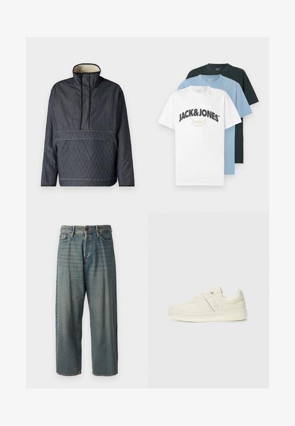 Dark denim pull-over jacket with a high collar, quilted diamond pattern at the front, and a soft interior lining. Black accents along edges.; Three folded short-sleeve crew neck t-shirts in white with Jack & Jones logo, light blue, and black, stacked against a white background.; Light blue denim jeans with a loose fit, mid-rise waist, and straight legs. Features five pockets, belt loops, and a button closure.; Cream-colored sneaker with perforated detailing, laces, and logo on the side, displayed against a plain white background.