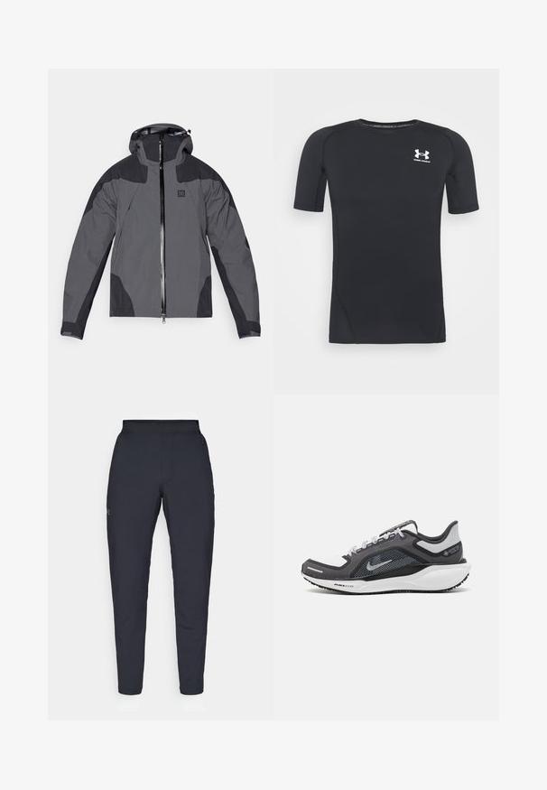 Chaqueta gris a prueba de agua con capucha, presenta un cierre frontal y detalles oscuros en contraste. Fabricada con material duradero y texturizado.; Camiseta atlética negra de manga corta hecha de un tejido que absorbe la humedad y es elástico. Cuenta con un cuello redondo y un pequeño logo blanco en el pecho.; Pantalones deportivos negros con una textura suave, corte ajustado, cinturilla elástica y bolsillos laterales. Presentan un pequeño logo en el muslo izquierdo.; Zapatilla deportiva negro y gris con parte superior de malla, acentos reflectantes y una entresuela blanca. Presenta una suela de goma texturizada y cordones.