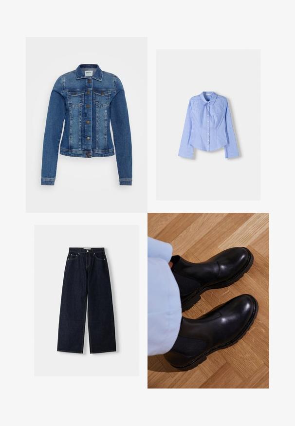 Traper jakna u izblijedjelom plavom pranju s klasičnim ovratnikom, dugim rukavima, džepovima na prsima i prednjim kopčanjem na gumbe. Ima kontrastne šavove.; Plava i bijela prugasta košulja dugih rukava s dugim rukavima, prilagođenim krojem i zaobljenim rubom. Teksturirani pamučni materijal.; Tamno plavi traper široki traperice viskog struka, s pet džepova, kontrastnim šavovima i srebrnim metalnim detaljima. Glatka tekstura i čista obrada.; Crni gležnjači od glatke kože s elastičnim bočnim panelima, teksturiranim gumenim potplatom i kontrastnim šavovima uz rub.