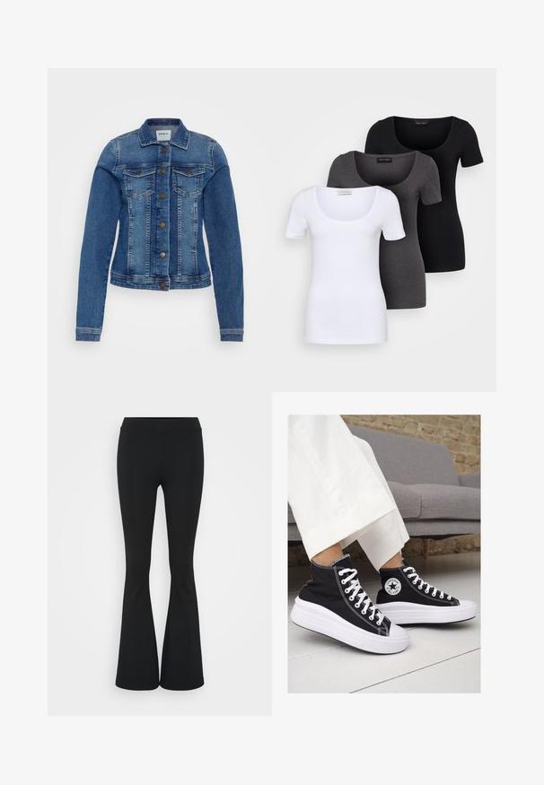 Jaqueta de ganga em um tom azul desgastado com colarinho clássico, mangas longas, bolsos no peito e fecho frontal com botões. Apresenta costura contrastante.; Três t-shirts ajustadas em branco, cinza e preto. Cada uma possui um decote amplo e mangas curtas. Feitas de um tecido liso e elástico.; Calças pretas de corte alargado feitas de tecido elástico, com uma cintura alta e uma textura suave. As calças alargam-se a partir do joelho.; Ténis de cano alto em lona preta com solas e atacadores brancos. Apresenta um logo circular na lateral e costura branca em contraste.