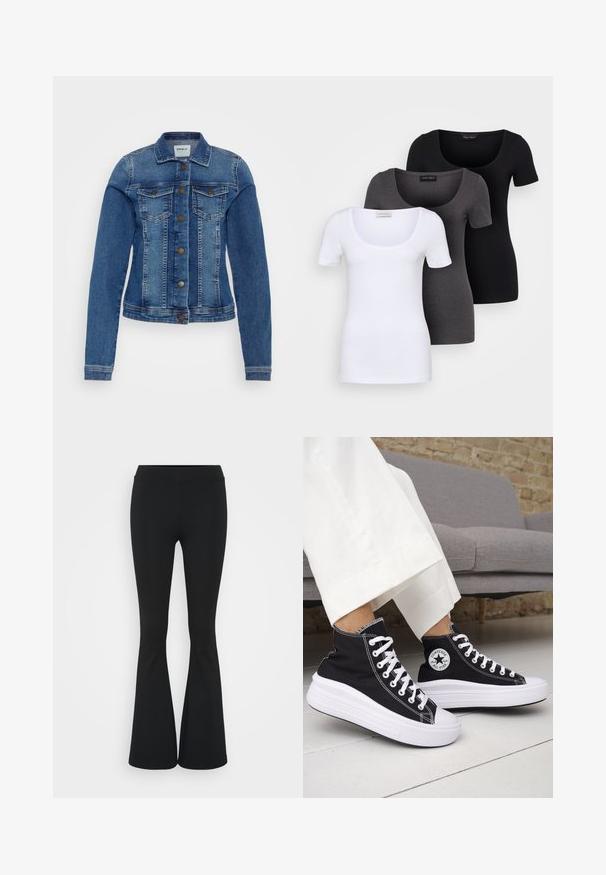 Traper jakna u izblijedjelom plavom pranju s klasičnim ovratnikom, dugim rukavima, džepovima na prsima i prednjim kopčanjem na gumbe. Ima kontrastne šavove.; Tri fitted T-shirtovi u bijeloj, sivoj i crnoj boji. Svaki ima široki izrez na vratu i kratke rukave. Napravljen od glatkoga, rastezljivog materijala.; Crne trapezaste hlače od rastezljivog materijala, sa visokim pojasom i glatkom teksturom. Hlače se šire od koljena.; Crne tenisice visoke košarke s bijelim gumenim potplatom i vezicama. Imaju okruglu logotipsku zakrpu i kontrastni bijeli šav. Materijal od platna.