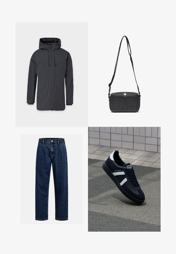 Veste à capuche gris foncé avec fermeture éclair à l'avant, dotée de deux grandes poches et d'un cordon de serrage ajustable à la capuche et à la taille.; T-shirt en coton crème à manches courtes et col rond. Présente un imprimé graphique en bleu et rouge avec du texte et un motif.; Jean en denim bleu foncé avec une coupe droite. Présente des coutures visibles, une fermeture par bouton et des plis à l'avant pour un détail supplémentaire.; Sneaker en cuir noir avec des rayures blanches, semelle en caoutchouc texturée et devant à lacets. Présente une étiquette de marque sur la languette.; Sac bandoulière en cuir noir avec une fermeture éclair, logo embossé à l'avant et une sangle réglable. Texture lisse avec une forme rectangulaire.