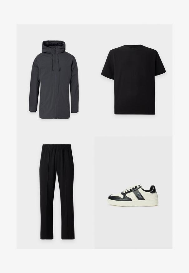 Giacca cappuccio grigio scuro con zip frontale, caratterizzata da due ampie tasche e coulisse regolabile sul cappuccio e in vita.; T-shirt corto nero a maniche corte realizzato in tessuto testurizzato, con scollatura rotonda e vestibilità comoda. Semplice, senza motivi o dettagli.; Pantaloni neri con vita elasticizzata e design a gamba dritta, caratterizzati da una texture liscia e senza motivi o hardware visibili.; Sneakers in pelle con una combinazione di colori nero e crema, dotati di dettagli perforati, collare imbottito e suola testurizzata.