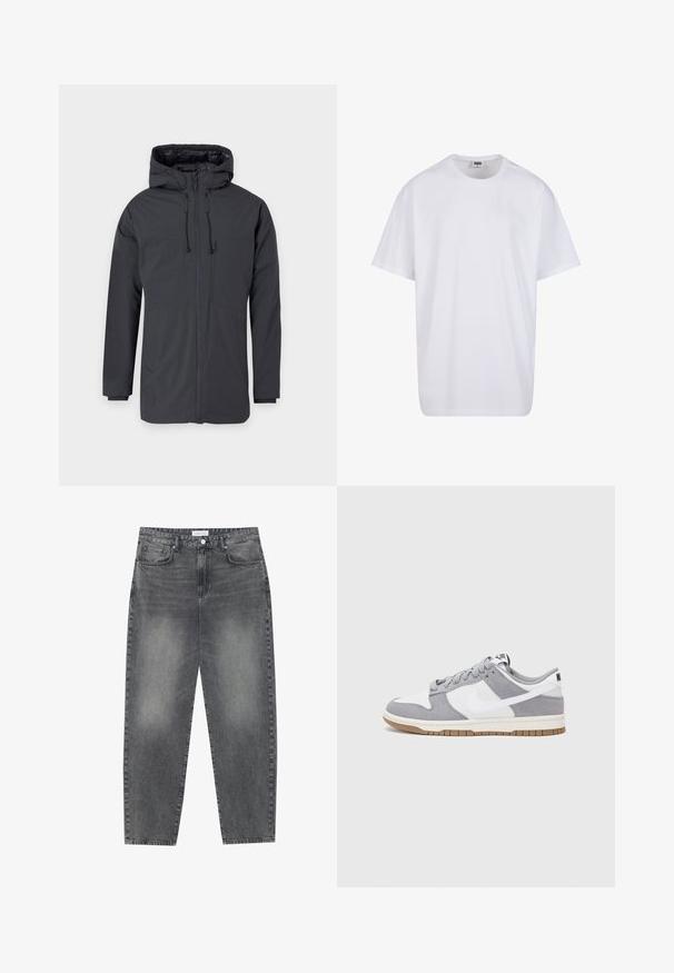 Jachetă cu glugă de culoare gri închis, cu fermoar frontal, prezentând două buzunare mari și un șnur ajustabil la glugă și la talie.; Tricou alb din bumbac cu mâneci scurte, decolteu rotund, croială lejeră și fără logo-uri sau modele vizibile. Textură netedă și design minimalist.; Jeans cu talie înaltă, lejere, din denim negru estompat. Caracteristici: cinci buzunare, bucle pentru curea și un design curat cu picior drept.; Sneaker gri și alb, cu un superior din suede și piele, vârf rotund, șireturi plate și o talpă din cauciuc ce prezintă un accent de culoare gum.