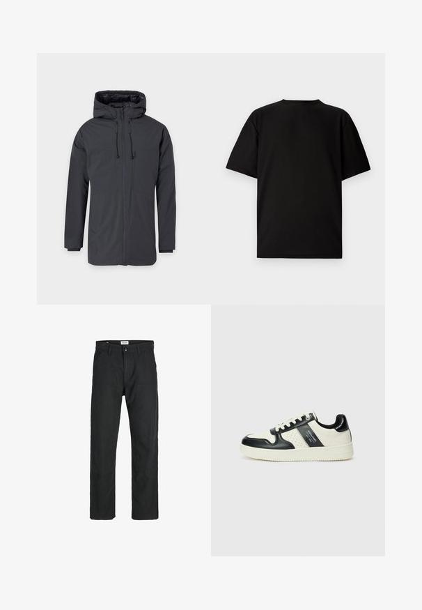 Sötétszürke kapucnis dzseki, elülső cipzárral, két nagy zsebbel és állítható zsinórral a kapucnin és a deréknál.; Fekete, rövid ujjú póló bordázott anyagból. Kerek nyakú, laza szabású, sima tapintású. Csak hátulról látható.; Fekete nadrág tartós anyagból, egyenes szárú kialakítással, varrott díszítésekkel és két elülső zsebbel a funkciók érdekében.; Fekete és krém színű bőrsneaker, perforált díszítésekkel, párnázott bokapánttal és texturált talppal.