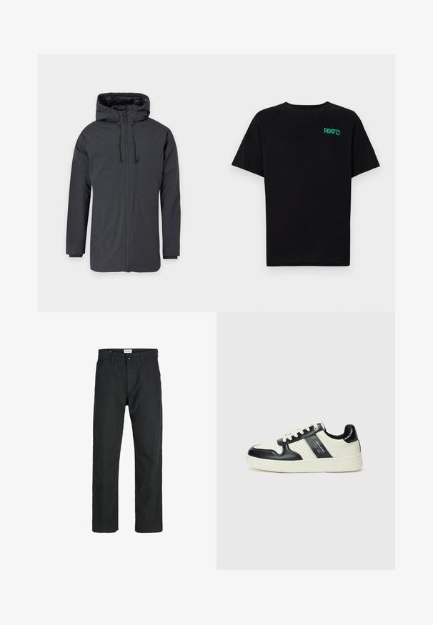 Jachetă cu glugă de culoare gri închis, cu fermoar frontal, prezentând două buzunare mari și un șnur ajustabil la glugă și la talie.; Tricou negru din bumbac, cu mâneci scurte. Prezintă un logo verde "ROOTS" pe față, guler rotund și o potrivire standard.; Pantaloni negri dintr-un material durabil, cu un design cu picior drept, accente cusute și două buzunare frontale pentru funcționalitate.; Tenisi din piele cu un scheme de culori negru și crem, dotati cu accente perforate, guler căptușit și o talpă texturată.