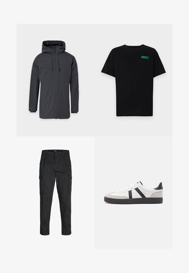 Mørkegrå hættejakke med frontlynlås, der har to store lommer og justerbar snor i hætten og i taljen.; Sort t-shirt lavet af bomuld med korte ærmer. Har et grønt "ROOTS" logo på forsiden, rund halsudskæring og almindelig pasform.; Sorte cargo-bukser lavet af slidstærkt stof, der har flere lommer, en knaplukning og et slim fit design med smalle ben.; Hvide sneakers med sorte og grå detaljer, med en tekstureret grå tåhætte, sort gummisål og flade hvide snørebånd. Rent design, minimalistisk stil.