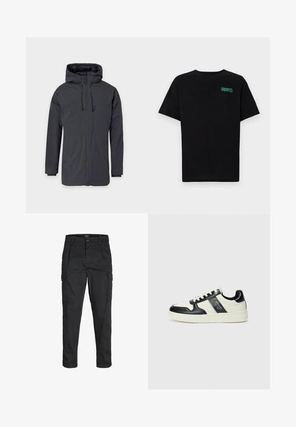 Tmavošedá bundová mikina s kapucňou a predným zipsom, obsahujúca dve veľké vrecká a nastaviteľné šnúrky na kapucni a v páse.; Čierne tričko s krátkymi rukávmi vyrobené z bavlny. Na prednej strane má zelené logo "ROOTS", okrúhly výstrih a štandardný strih.; Čierne cargo nohavice z odolnej látky, s viacerými vreckami, gombíkovým zapínaním a úzkym strihom so zúženými nohavicami.; Kožené tenisky v čierno-krémovej farbe, s perforovanými akcentmi, polstrovaným golierom a štruktúrovanou podrážkou.