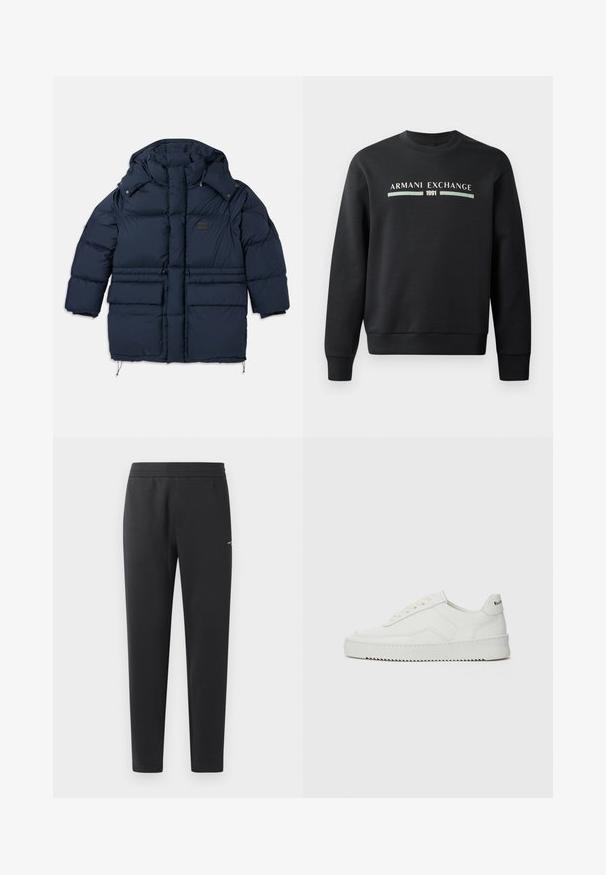 Granatowa kurtka puchowa z wysokim kołnierzem, dwoma dużymi kieszeniami z przodu i naszywką z logo. Posiada ściągacz w dolnej części oraz zapięcia na zatrzaski.; Czarna bluza wykonana z miękkiego materiału. Ma okrągły dekolt i długie rękawy. Z przodu widnieje napis "ARMANI EXCHANGE" oraz "1991" w kontrastowych kolorach.; Czarne spodnie dresowe z miękkiego materiału, z elastycznym paskiem, prostymi nogawkami oraz małym logo z boku.; Białe skórzane sneakersy o gładkim wykończeniu, okrągłym nosku, płaskich sznurówkach i teksturowanej podeszwie. Charakteryzują się delikatnym logo na pięcie.