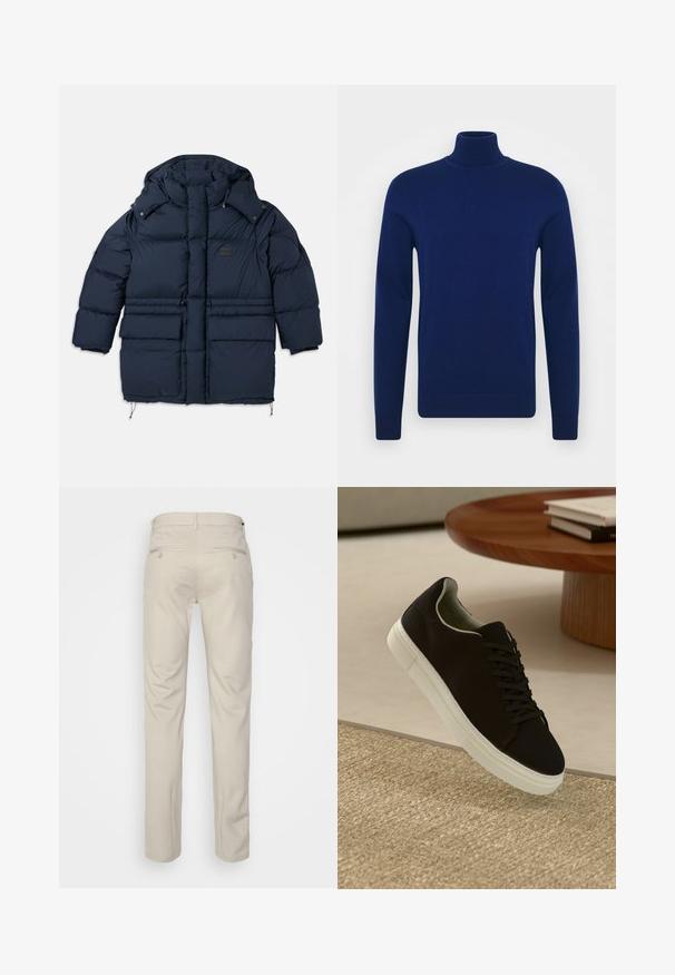 Navy puffer jacket with a high collar, two large front pockets, and a branded patch. Features a drawstring hem and snap closures.; Navy blue turtleneck sweater made of smooth knit fabric. Long sleeves and fitted design with ribbed accents at the collar and hem.; Beige trousers with a smooth texture, straight cut, two back pockets with buttons, and a standard waistband.; Black sneaker with white sole floating above beige textured rug near round wooden table with stacked books.