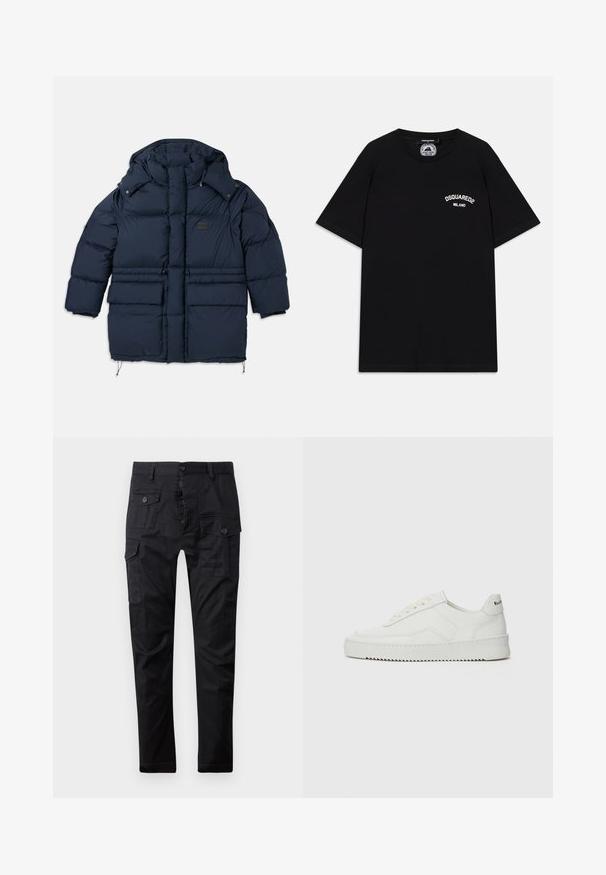 Casaco puffer azul marinho com colarinho alto, dois grandes bolsos frontais e um emblema de marca. Apresenta um fundo com cordão e fechos de pressão.; T-shirt de algodão preto com mangas curtas, apresentando o logótipo branco "DSQUARED2 MILANO" no peito. Design de gola redonda, textura suave.; Calças cargo pretas feitas de tecido durável, com múltiplos bolsos, fecho de botão e um design de perna reta. Textura suave e acabamento mate.; Sapatilha de couro branco com acabamento suave, bico redondo, atacadores planos e uma sola texturizada. Apresenta um logotipo discreto no calcanhar.