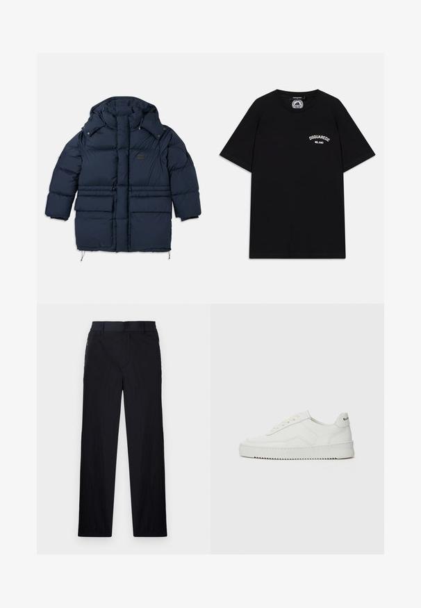 Casaco puffer azul marinho com colarinho alto, dois grandes bolsos frontais e um emblema de marca. Apresenta um fundo com cordão e fechos de pressão.; T-shirt de algodão preto com mangas curtas, apresentando o logótipo branco "DSQUARED2 MILANO" no peito. Design de gola redonda, textura suave.; Calças pretas com um tecido leve e texturizado, design de pernas retas, cintura elástica e bolsos laterais com fecho.; Sapatilha de couro branco com acabamento suave, bico redondo, atacadores planos e uma sola texturizada. Apresenta um logotipo discreto no calcanhar.