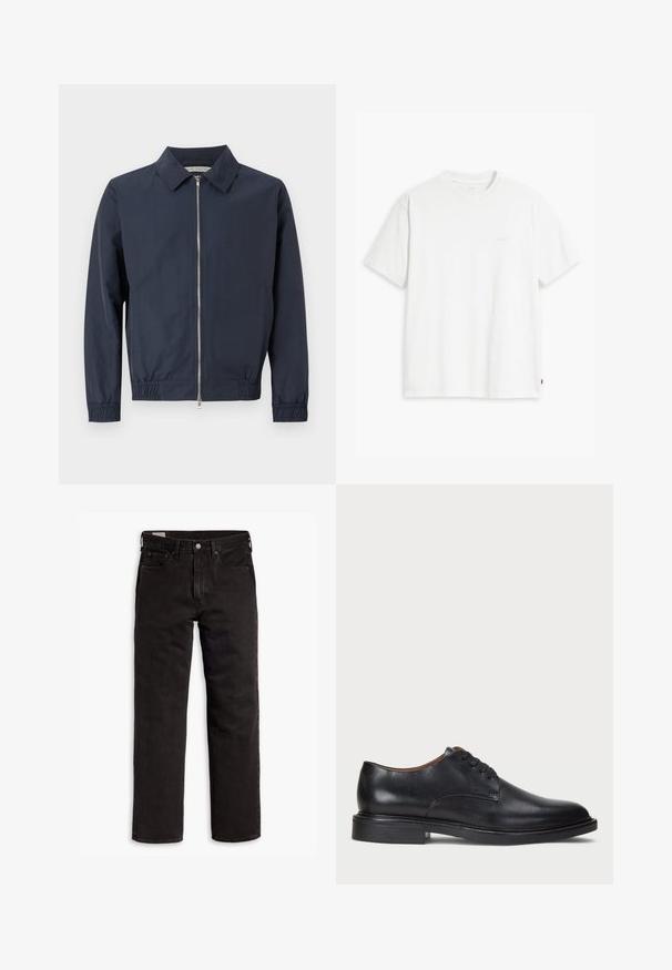 Mørkeblå letvægtsjakke med krave, frontlynlås, elastiske manchetter og kant. Glat tekstur og minimalistisk design.; Hvid bomulds T-shirt med korte ærmer, rund hals og en diskret Levi's logo trykt i midten. Blød tekstur og standard pasform.; Sorte lige bukser i denim med fem lommer, knaplukning og bæltestropper, lagt fladt ud på en hvid baggrund.; Sorte læder dress sko med rund tå, snørelukning og en lav stablet hæl. Glat tekstur med minimale syningsdetaljer.