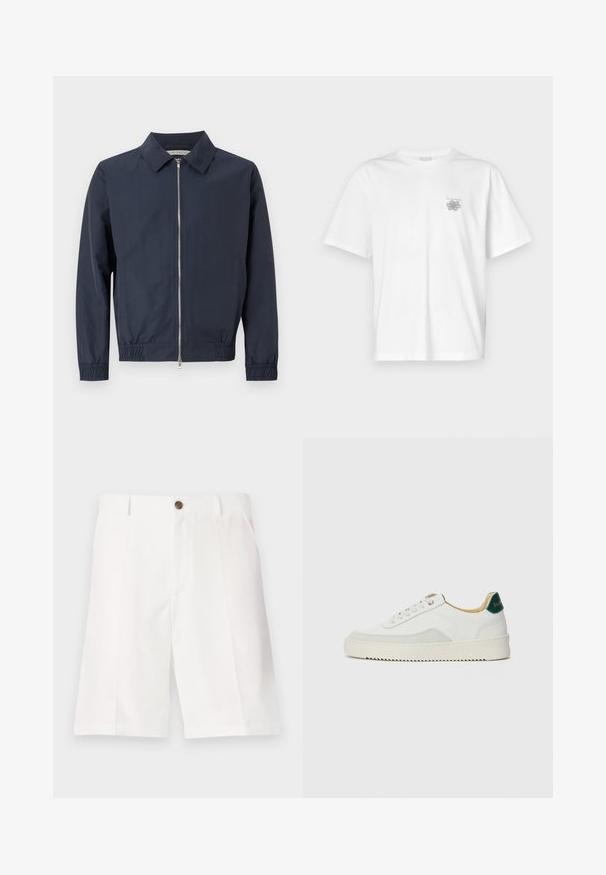 Navy blue lightweight jacket with a collar, front zipper, elastic cuffs, and hem. Smooth texture and minimalistic design.; White t-shirt made of cotton featuring short sleeves, a crew neck, and a small gray logo on the left chest area. Smooth texture.; White bermuda shorts made of lightweight fabric with a relaxed fit, featuring a single brown button and front pockets.; White sneaker with suede accents, rounded toe, flat laces, and a cream rubber sole. Features green branding on the heel.