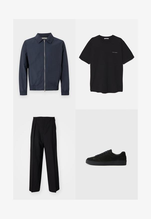 Chaqueta ligera de color azul marino con cuello, cremallera frontal, puños elásticos y bajo. Textura suave y diseño minimalista.; Camiseta de algodón negra con cuello redondo, mangas cortas y un estampado de logo blanco en el lado izquierdo del pecho. Diseño simple y de color sólido.; Pantalones negros plisados con un diseño recto y de pierna ancha. Fabricados en una tela suave, presentan un cierre de botón y trabillas para el cinturón.; Zapatillas de ante negro con suela plana y texturizada, puntera redondeada, seis ojetes para los cordones y un diseño minimalista.