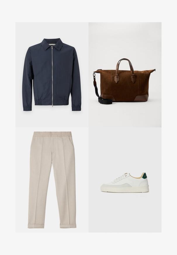 Laivasilmäläinen kevyempi takki, jossa on kaulus, etuvetoketju, joustavat hihansuut ja helma. Sileä kangas ja minimalistinen muotoilu.; Kolme valkoista ribbitekstiilistä toppia, jotka on valmistettu puuvillasta. Ominaisuuksiin kuuluu pyöreä pääntie ja pieni musta etiketti helman lähellä. Saatavilla useissa kooissa.; Filippa K TERRY CROPPED TROUSERS - Housut - sage melange; Valkoiset tennarit, joissa on nahkaosia, pyöreä kärki, tasaiset nauhat ja kermaisa kumi-pohja. Takana vihreä brändäys.; Ruskean mokka duffel-laukku tummista nahkakiinnityksistä, kaksinkertaisista yläpihdeistä, säädettävästä olkahihnasta ja tukevasta vetoketjukiinnityksestä.