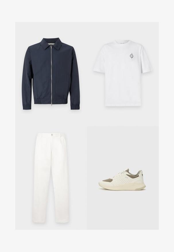 Námornícka modrá ľahká bunda s golierom, predným zipsom, elastickými manžetami a lemom. Hladká textúra a minimalistický dizajn.; Biela bavlnená tričko s voľným strihom, s malým čiernym grafickým logom na ľavej strane hrudníka. Krátke rukávy, okrúhly výstrih.; Biele nohavice vyrobené z hladkej tkaniny, s rovnými nohavicami, prednými záhybmi a jedným gombíkom na zapínanie v páse.; Biele a svetlo béžové športové tenisky s hornou časťou z mriežkového materiálu, perforovanými detailmi a textúrovanou medzipodrážkou s logom na päte.