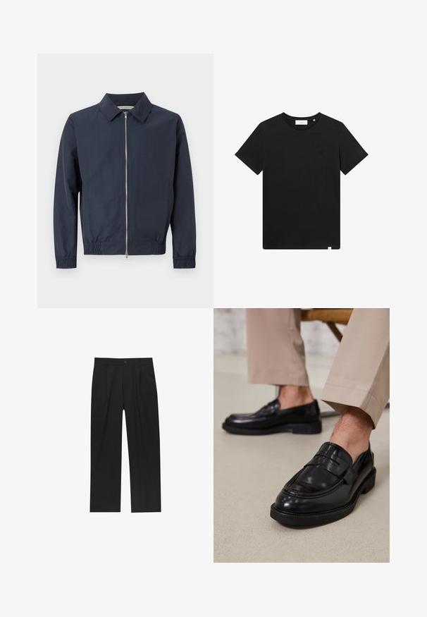 Mørkeblå letvægtsjakke med krave, frontlynlås, elastiske manchetter og kant. Glat tekstur og minimalistisk design.; Sort kortærmet T-shirt lavet af bomuld, med rund hals og et lille logo broderet på brystet. Glat tekstur, standard pasform.; Sorte bukser med lige ben, lavet af et glat stof. Har frontfolder og en enkelt knaplukning i taljen.; Sorte lædermokkasiner med en glat overflade, der har en dekorativ rem og kontraststing, parret med beige bukser.