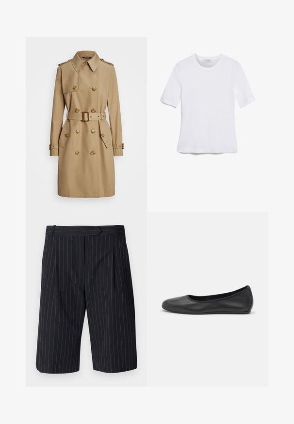 Beige takki, jossa on kaksirivinen muotoilu, kultaiset napit, olkaepauletit, vyötärölle sidottava vyö ja sivutaskut. Silkkinen kangas.; Valkoinen lyhythihainen t-paita, joka on valmistettu ribbytedusta kankaasta. Pyöreä pääntiie, normaali istuvuus ja hienovaraiset ompeluyksityiskohdat. Ei kuvioita tai grafiikkaa.; Mustat pinstripe-shortsit, joissa on räätälöity istuvuus, litteä etuosa, laskokset ja sileä rakenne. Mukana vyölenkit.; Musta nahkainen ballerina, jossa on pyöristetty kärki, sileä pinta, minimaalinen ommelkoristelu ja joustava pohjamuotoilu.