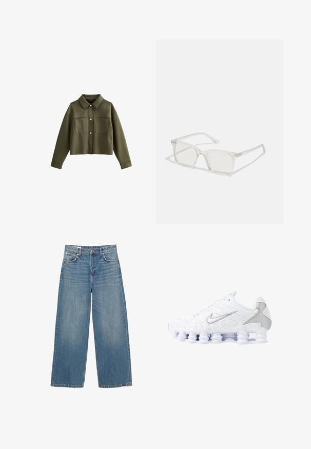 Cropped olive green jacket with a collar, two front pockets, and silver button closures. Made from smooth fabric with a matte texture.; White cotton tank top with wide shoulder straps, a round neckline, and a smooth, ribbed texture. No patterns or accents present.; Light blue wide-leg jeans made of denim. Features include five pockets, a button closure, and a clean hem. Faded throughout for texture.; White athletic shoes with mesh upper, silver accents, and a unique coil sole design. Features padded collar and lace closure for fit.; Clear plastic square-frame glasses with translucent lenses, featuring gold accents on the temples for added detail.