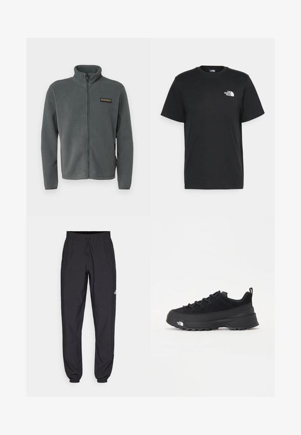 Giacca in pile grigia con colletto alto, zip completa e un piccolo logo nero e oro sul petto sinistro. Texture morbida e maniche lunghe.; T-shirt nera in cotone con maniche corte, colletto a giro, e un piccolo logo bianco sul lato sinistro del petto. Design semplice, texture liscia e vestibilità rilassata.; Pantaloni sportivi neri realizzati in tessuto leggero, con vita regolabile con cordino, tasche laterali e orli affusolati alle caviglie.; Sneaker da esterno nera con parte superiore in suede, suola in gomma testurizzata e robusto sistema di allacciatura. Presenta un tallone rinforzato e il logo del marchio sul lato.