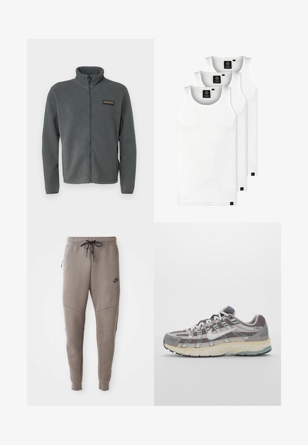 Gray fleece jacket with a high collar, full zip, and a small black and gold logo on the left chest. Soft texture and long sleeves.; Three white ribbed tank tops made of cotton. Features a crew neck and small black labels near the hem. Available in multiple sizes.; Gray Nike sweatpants with a drawstring waistband, tapered legs, side pockets, and distinct seam detailing. Soft, textured fabric.; Gray athletic shoe featuring a mesh and suede upper, white accents, a cushioned sole, and a distinctive design with reflective elements.