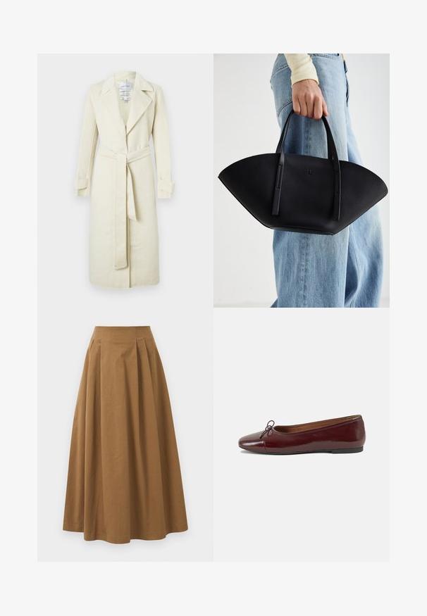Svijetlo bež baloner s okovratnikom s prorezom, dugim rukavima s podvrnutim manšetama, pojasom u struku i krojem do koljena. Mekana tekstura tkanine.; Bjela košulja na dugih rukava od glatkog pamuka, s klasičnom kragnom i zakrivljenim rubom. Dugmad su mala i bijela.; Smeđa pamučna suknja A kroja s visokim strukom, koja ima nabore sprijeda i glatku teksturu. Završetci donjeg ruba su čisti i jednostavni.; Burgundska lakirana balerinka s zaobljenim vrhom, malim mašnom sprijeda i niskom, crnom gumenom potplatu. Glatka tekstura.; Crna kožna torba jedinstvenog oblika ventilatora, s ravnim ručkama. Površina ima teksturu sličnu šljunku i minimalistički dizajn.