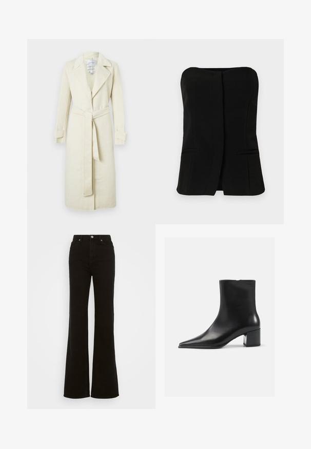 Svetlo béžový trenčkot s výrezom na golieri, dlhými rukávmi s ovinutými manžetami, opaskom v páse a dĺžkou po kolená. Mäkká textúra látky.; Čierny bezrukávový top s rovnou výstrihom, predným zapínaním a dvoma skrytými bočnými vreckami. Hladká látka s prispôsobeným strihom.; Čierne riflové nohavice s vysokým pásom a rozšírenými nohavicami, s gombíkovým zapínaním, bočnými vreckami a hladkou textúrou.; Čierne kožené členkové topánky s špicatou špičkou, hladkou textúrou a stredným blokovým podpätkom. Minimalistický dizajn, zips na zadnej strane.