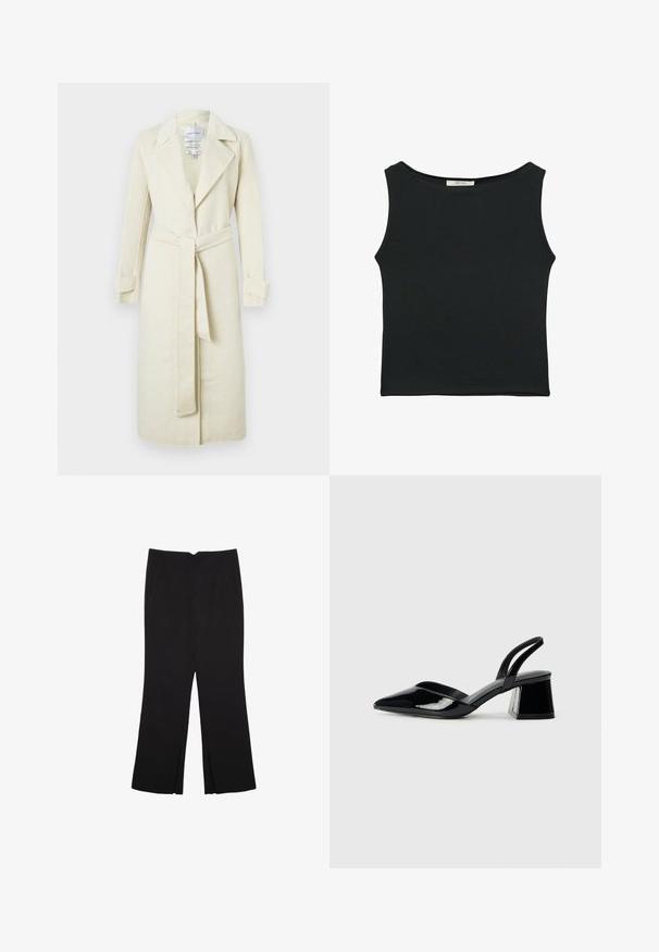 Světle béžový trenčkot s klopovým límcem, dlouhými rukávy s ohrnutými manžetami, páskem v pase a délkou sahající po kolena. Jemná textura látky.; Černý top bez rukávů vyrobený z hladké látky, s kulatým výstřihem a přiléhavým střihem bez viditelných vzorů nebo ozdob.; Černé kalhoty s rovným střihem, s předními kapsami a bočními rozparky na lemu. Vyrobené z jemné, hladké tkaniny. Vhodné na různé příležitosti.; Černé lakované kožené lodičky na pásku s špičatou špičkou a geometrickým blokovým podpatkem. Vyznačují se elegantním, minimalistickým designem a hladkým povrchem.