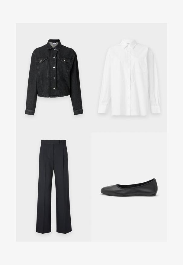 Črna denim jakna s ovratnikom, sprednjim gumbom, dvema žepoma na prsih in dolgimi rokavi. Značilnosti vključujejo vidne šive in skrajšan dizajn.; Bela srajca z dolgimi rokavi iz bombaža, z klasičnim ovratnikom, gumbnim zapiranjem in enim žepom na levi strani.; Temno modri hlače s pinstripi, visokim pasom, širokimi nogami in brez vidnih kovinskih delov ali okrasnih elementov. Gladka tekstura in prilagojen kroj.; Črne usnjene balerinke z zaobljenim nosom, gladko teksturo, minimalnimi šivi in fleksibilno zasnovo podplata.