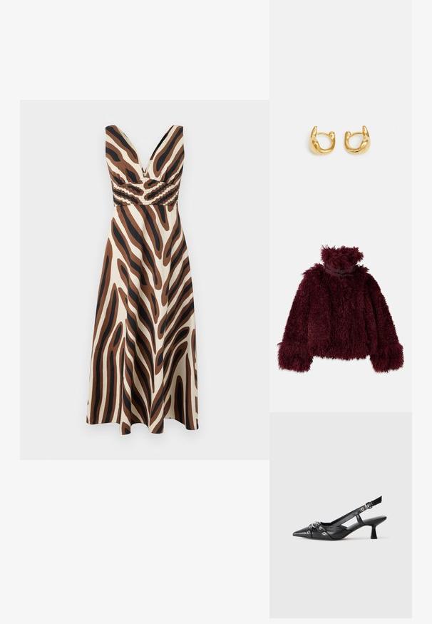 Burgundia värvi kunstkarusnahast jakk kõrge kraega, millel on tekstuuriga, kohev pind ja dekoratiivsed mustad metalldetailid kaeluses.; Diane von Furstenberg VIVIENNE DRESS - Maksikleit - brown; Must must have must toote tõmblukuga, dekoratiivsed rihmad metallist silmadega ja madal blokk-kand. Tekstureeritud pind.; Kuldsete rõngaste kõrvarõngad, millel on sile, ümar disain ja poleeritud pind. Kõrvarõngad on kompaktsed, suurte vormide ja sujuva klambriga.