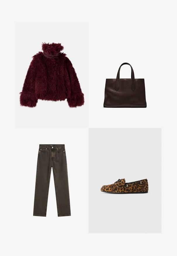 Burgundowa kurtka z sztucznego futra z wysokim kołnierzem, o teksturowanej, puszystej powierzchni i dekoracyjnymi czarnymi akcentami na szyi.; Ciemnozielony sweter typu golf wykonanego z miękkiego materiału, z długimi rękawami i prążkowanym dekoltem, o luźnym kroju i minimalistycznym designie.; Ciemnobrązowe jeansy o prostym kroju wykonane z denimu, z klasycznym pięciokomorowym designem, metalowymi elementami oraz widocznymi detalami przeszycia.; Liofilowe mokasyny w panterkę o miękkiej teksturze, zaokrąglonym kształcie, czarnych sznurówkach i złotych oczkach, z płaską gumową podeszwą.; Brązowa skórzana torba tote z dwoma wydłużonymi uchwytami, usztywnionym prostokątnym kształtem, gładką teksturą i subtelnymi detalami przeszycia.; Srebrne kolczyki w kształcie obrączek z polerowanym wykończeniem, mające okrągły kształt i zapięcie na zawias, podkreślające elegancki i minimalistyczny design.