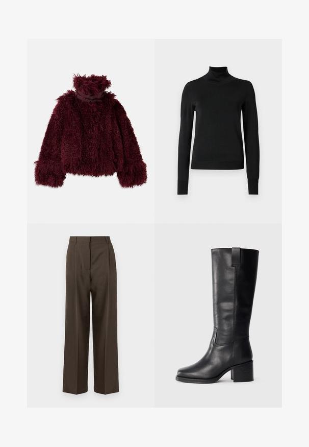 Vyno raudonos spalvos dirbtinės kailio striukė su aukštu apykakle, turinti tekstūruotą, pūkuotą paviršių ir dekoratyviais juodais detalėmis prie kaklo.; Juoda ilgomis rankovėmis turtleneko tipo megztinis su rebruotomis rankovėmis ir apačia, eksponuojamas ant paprasto balto fono.; Rudos platesnios kelnės su lygiu paviršiumi, turinčios aukštą liemenį, priekinės klostes ir pritaikytą dizainą. Nėra matomų kišenių ar puošmenų.; Juodos odinės iki kelių siekiančios botai su lygiu paviršiumi, kvadratiniu pirštu, storu kulnu ir šoniniu kilputė, su minimaliais siuvimo akcentais.