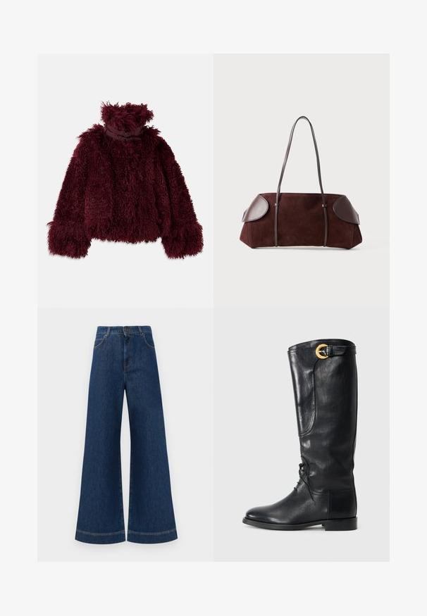 Bordeaux neplof jacket met hoge kraag, met een textuur vol fluff en decoratieve zwarte hardware accenten bij de hals.; Donkerbruin langarm overhemd met knopen, voorzien van twee zakken met klep op de borst en een klassieke kraag, weergegeven tegen een effen witte achtergrond.; Brede blauwe denimjeans met een hoge taille, voorzien van een knoopsluiting, riemlussen en subtiele stikdetails langs de zakken en zoom.; Zwarte leren kniehoge laars met een ronde neus, vetersluiting aan de voorkant, zijdetail en een gouden accent gesp aan de bovenkant. Eersteklas afwerking.; Bruine suède tas met leren accenten, gestructureerde vorm, dubbele schouderbanden en ronde randen, met een gladde textuur en minimale hardware.