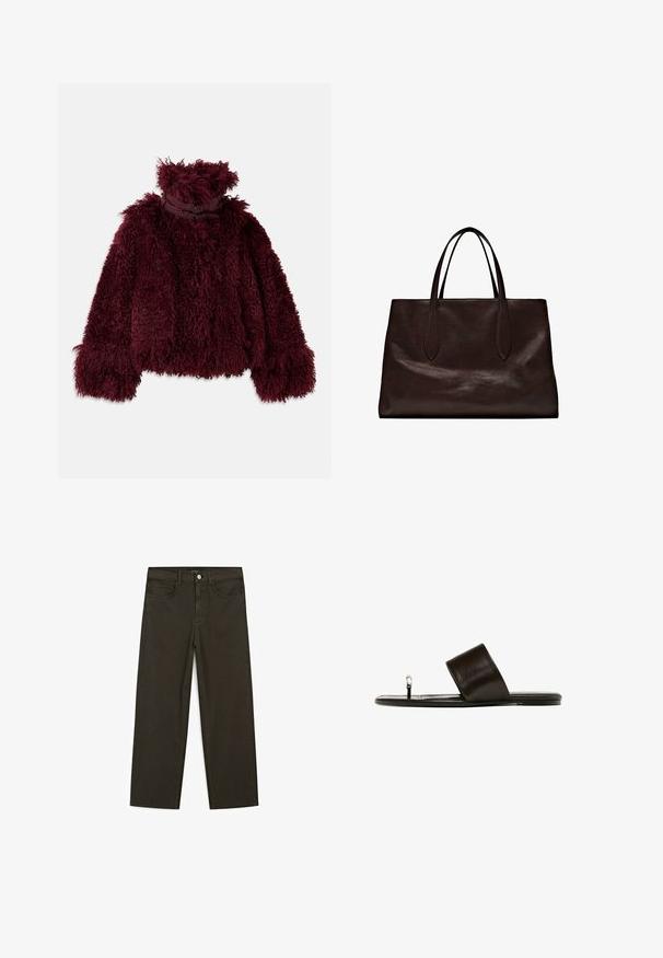 Burgundy faux fur jacket with a high collar, featuring a textured, fluffy surface and decorative black hardware accents at the neck.; Brown cotton t-shirt, short sleeves, crew neckline, relaxed fit, smooth texture, minimalistic design, no visible patterns or accents.; Dark green wide-leg jeans made of cotton blend, featuring a front button closure, five pockets, and classic denim stitching.; Brown leather sandal with a wide strap and a toe ring. Flat sole with subtle texture and a smooth finish, featuring minimalistic design accents.; Massimo Dutti Handbag - brown