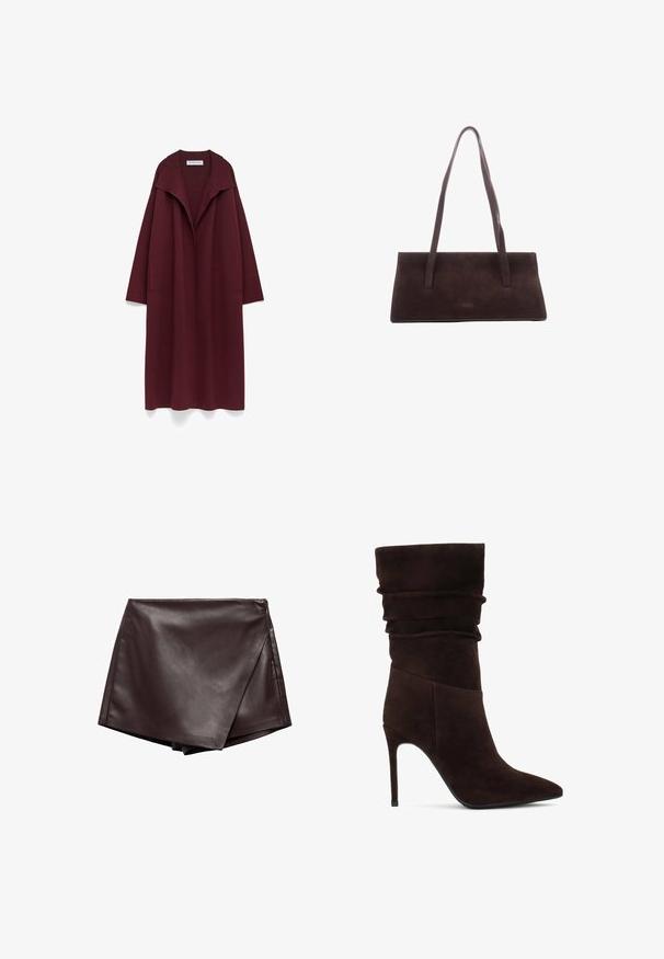 Długi bordowy płaszcz otwarty z szerokim kołnierzem i bocznymi kieszeniami, wyeksponowany na płasko na białym tle.; Brązowa bluzka odkrywająca ramiona z długimi rękawami, z twistedowym wzorem z tkaniny i srebrnym akcentem w kształcie serca przy dekolcie.; Brąskowa, sztuczna skórzana spódnica o gładkiej fakturze i ukośnym kroju, z czystymi brzegami i bocznym zapięciem na zamek.; Brązowe zamszowe botki za kostkę z luźną cholewką, spiczastym noskiem i wysokim obcasem w kształcie szpilki. Posiadają teksturowaną powierzchnię i gładką sylwetkę.; Brązowa torebka z zamszu o prostokątnym kształcie, z dwiema długimi rączkami i minimalnym szyciem. Gładka faktura bez widocznych elementów metalowych lub ozdób.