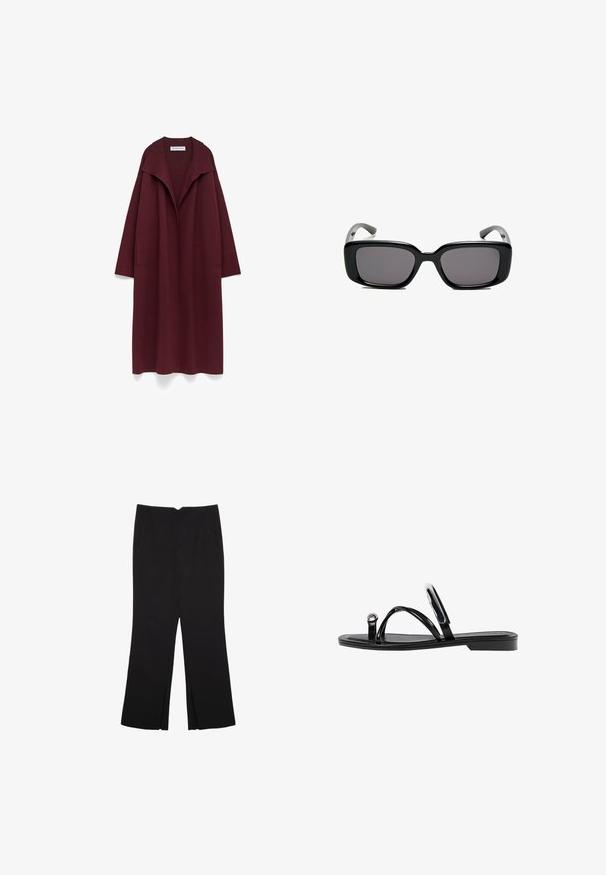 Długi bordowy płaszcz otwarty z szerokim kołnierzem i bocznymi kieszeniami, wyeksponowany na płasko na białym tle.; Czarny bezrękawnik crop top z gładkiego materiału, z okrągłym dekoltem i czystym, prostym wzornictwem, bez wzorów czy metalowych elementów.; Czarne spodnie o prostym kroju, z przednimi kieszeniami i bocznymi rozcięciami na dole. Wykonane z miękkiego, gładkiego materiału. Odpowiednie na różne okazje.; Czarne płaskie sandały o błyszczącym wykończeniu, z trzema cienkimi paskami i okrąłym detalem metalowym na palcach. Smukły design z minimalnym obcasem.; Czarne prostokątne okulary przeciwsłoneczne z ciemnymi soczewkami, gładką plastikową ramką i wygiętymi zausznikami. Projekt jest masywny, o minimalistycznej estetyce.