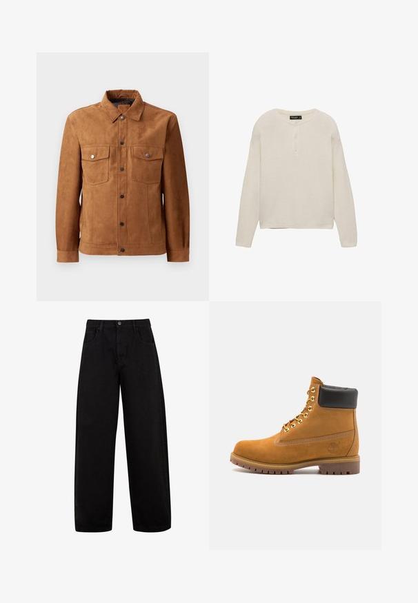 Giacca in suede marrone con colletto classico, due tasche sul petto, chiusura a bottoni frontale e maniche lunghe con polsini abbottonati.; Maglione a maniche lunghe, collezione crew-neck in beige chiaro, con chiusura a tre bottoni, polsini a coste e orlo dritto, realizzato in tessuto morbido e testurizzato.; Jeans neri a gamba larga in denim, con tasche frontali, chiusura con bottone e un design pulito e minimale senza motivi visibili.; Stivale alla caviglia in suede tan con collare imbottito nero, occhielli in metallo dorato, dettagli in cucitura bianca e suola in gomma robusta con battistrada pronunciato.