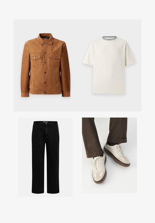 Jachetă din suede maro, cu guler clasic, două buzunare pe piept, închidere cu butoane în față și mâneci lungi cu manșete cu butoane.; Tricou din bumbac de culoare crem, cu mâneci scurte, având un decolteu rotund accentuat cu dungi bleumarin și albe. Textură netedă, croi confortabil.; Pantaloni din denim negri cu croi drept, design clasic cu cinci buzunare și închidere cu nasture la talie. Textură netedă și material durabil.; Adidași bej cu un vârf din suede texturat, laterale din piele netedă și o talpă din cauciuc maro. Șireturile și detalii de cusătură subtilă incluse.