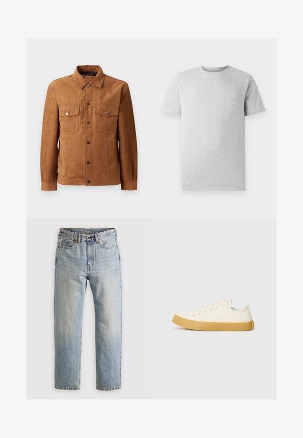Brun ruskindjakke med en klassisk krave, to brystlommer, frontlukning med knapper og lange ærmer med knapmanchetter.; En simpel lys grå kortærmet T-shirt med rund hals, vist på en hvid baggrund, set foran uden synlige logoer eller designs.; Lysblå denim jeans med høj talje, frontknap, lynlås og fem-lomme design, lagt fladt på en neutral baggrund.; Læder sneakers i off-white med rund tå, der har beige gummisåler og fem øjer til snørebånd, struktureret finish på overdelen.