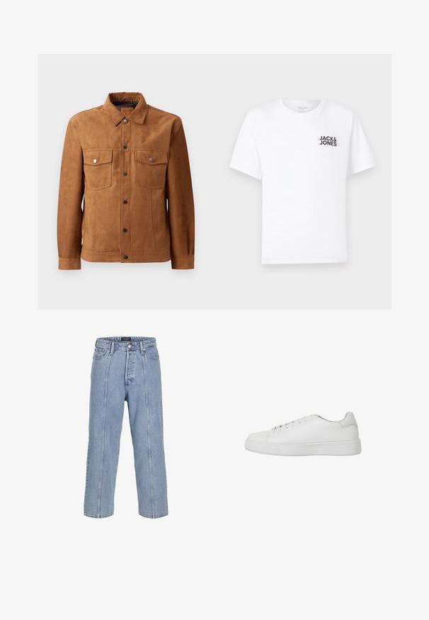 Veste en daim marron avec un col classique, deux poches poitrine, fermeture à boutons à l'avant et manches longues avec poignets à boutons.; T-shirt en coton blanc, à manches courtes, col rond. Présente un logo en texte noir "JACK & JONES" sur la poitrine gauche. Design simple et sobre.; Jean en denim bleu clair avec une coupe ample, des jambes larges et des détails de couture visibles. Il dispose d'une fermeture à bouton et zip, ainsi que de cinq poches.; Baskets blanches en cuir lisse avec un bout arrondi, des détails cousus et une semelle en caoutchouc plate. Design minimaliste avec un système de laçage.