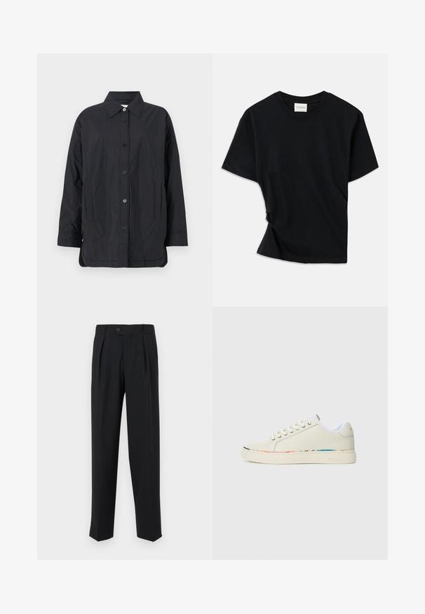 Juodas lengvas švarkelis su mygtukų užsegimu priekyje, apykakle, dviem šoniniais kišenėmis ir šiek tiek išlenktu apačios kraštu. Pagamintas iš lygios, matinės medžiagos.; Juodas marškinėlis, pagamintas iš minkštos medvilnės, su apvalia iškirpte, trumpomis rankovėmis ir šiek tiek sukurtu dizainu, užtikrinančiu laisvą prigludimą.; Juodos kelnės iš lygaus audinio, su priekinėmis klostėmis, vieno mygtuko uždarymu ir tiesiomis kojomis. Minimalistinis dizainas be raštų.; Off-white žemo profilio sportiniai bateliai su raišteliais, balta vidinė apdaila ir subtilus daugiaspalvis apvadas aplink pado kraštą, šoninis vaizdas.